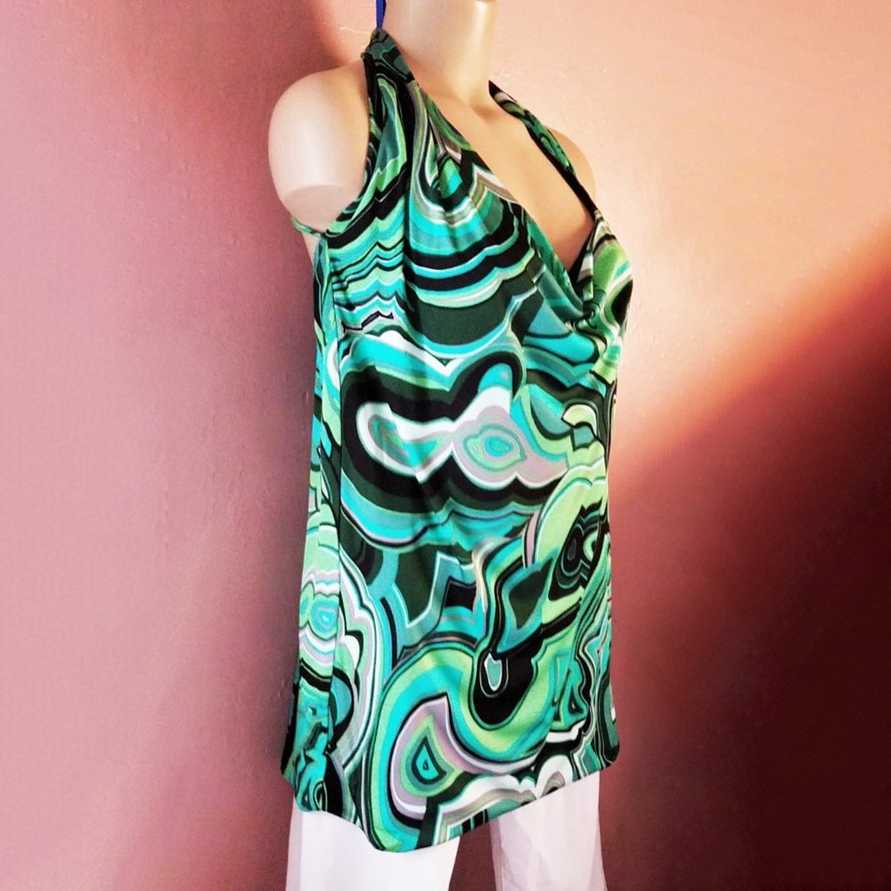 Missoni Asymmetrical Draped Halter Top/Tunic~44=8/M~Malachite Green Black Jersey